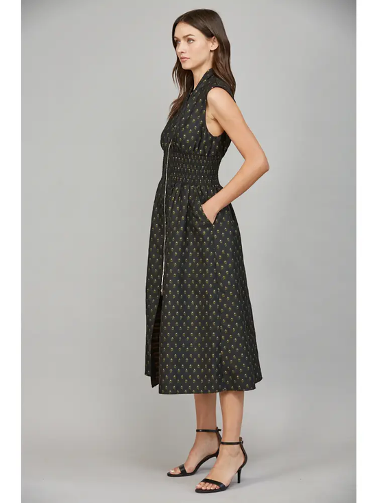 V-NECK FRONT ZIP MIDI DRESS