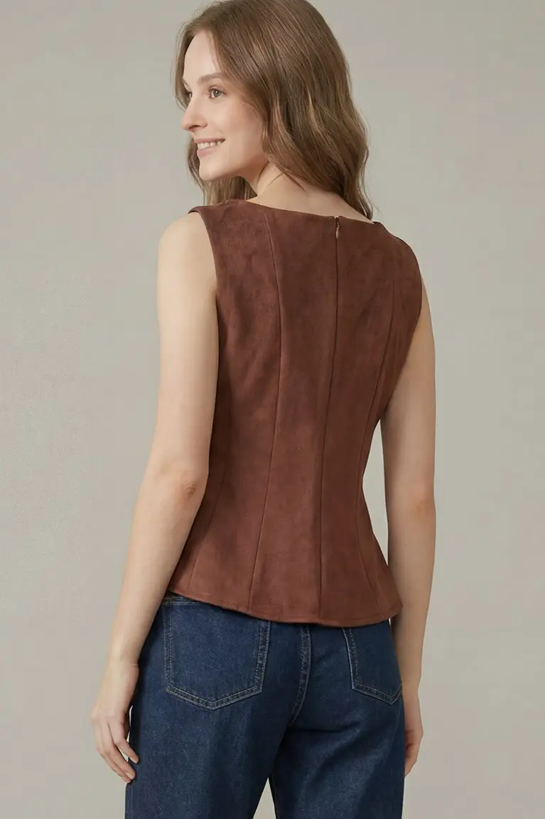 Brown Faux-Suede Sleeveless Peplum Top - detail view