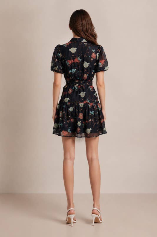 Black / Multicolor Floral Puff-Sleeve Belted Mini Dress - alternate view