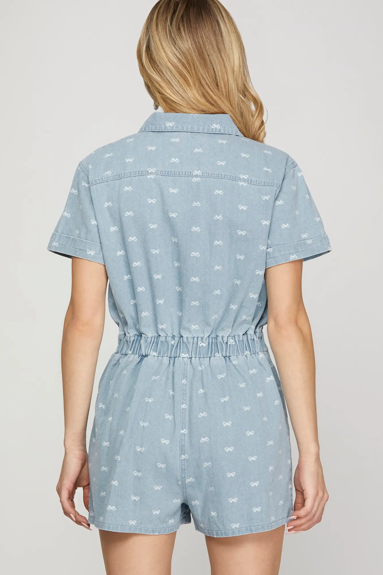 SHE & SKY Bow Printed Denim Romper in light blue - view 4