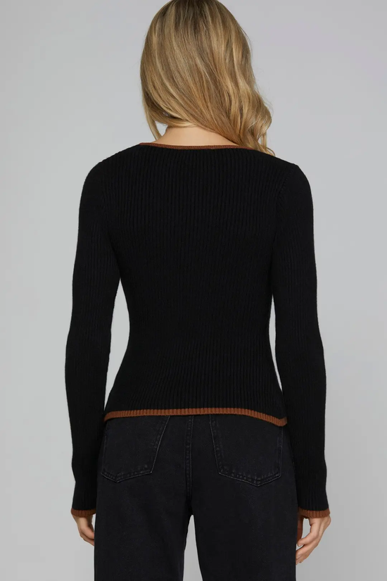 Black and toffee contrast sweetheart-neck sweater - view 3