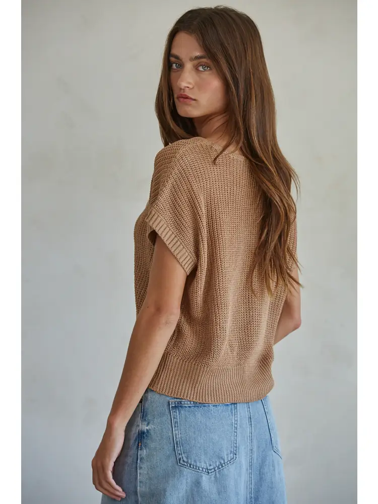 KNIT SHORT SLEEVE OPEN KNIT SWEATER
