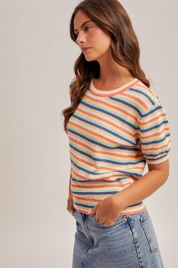 STRIPED POINTELLE KNIT TOP
