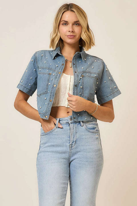 Pearl Studded Denim Top