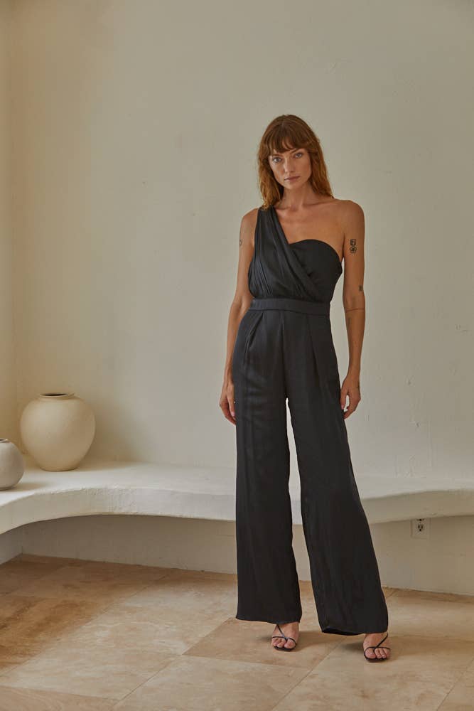 One-Shoulder Satin Wide-Leg Jumpsuit