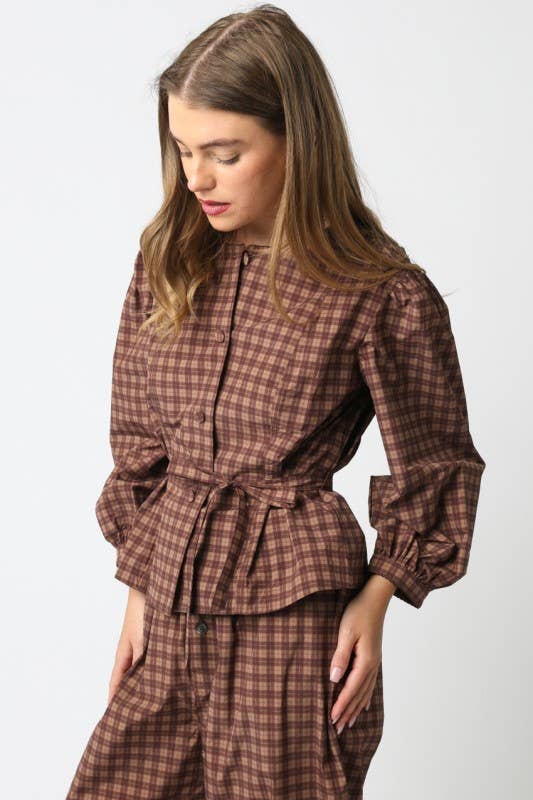 Gingham Puff-Sleeve Peplum Top