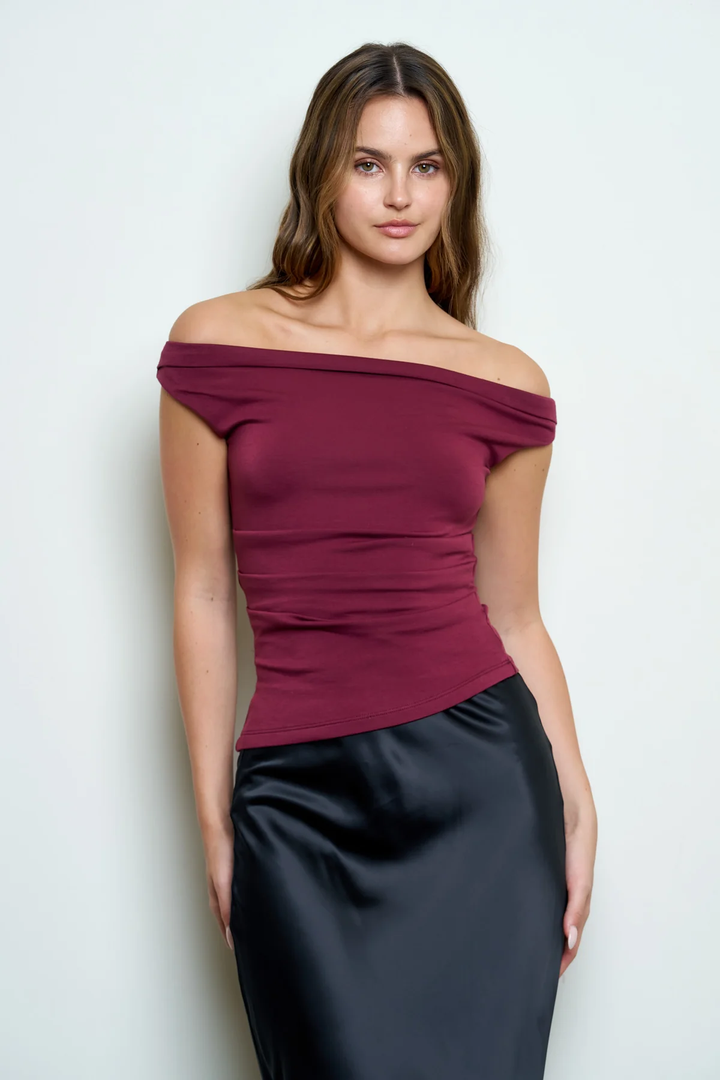 Burgundy off-shoulder top with ruched neckline