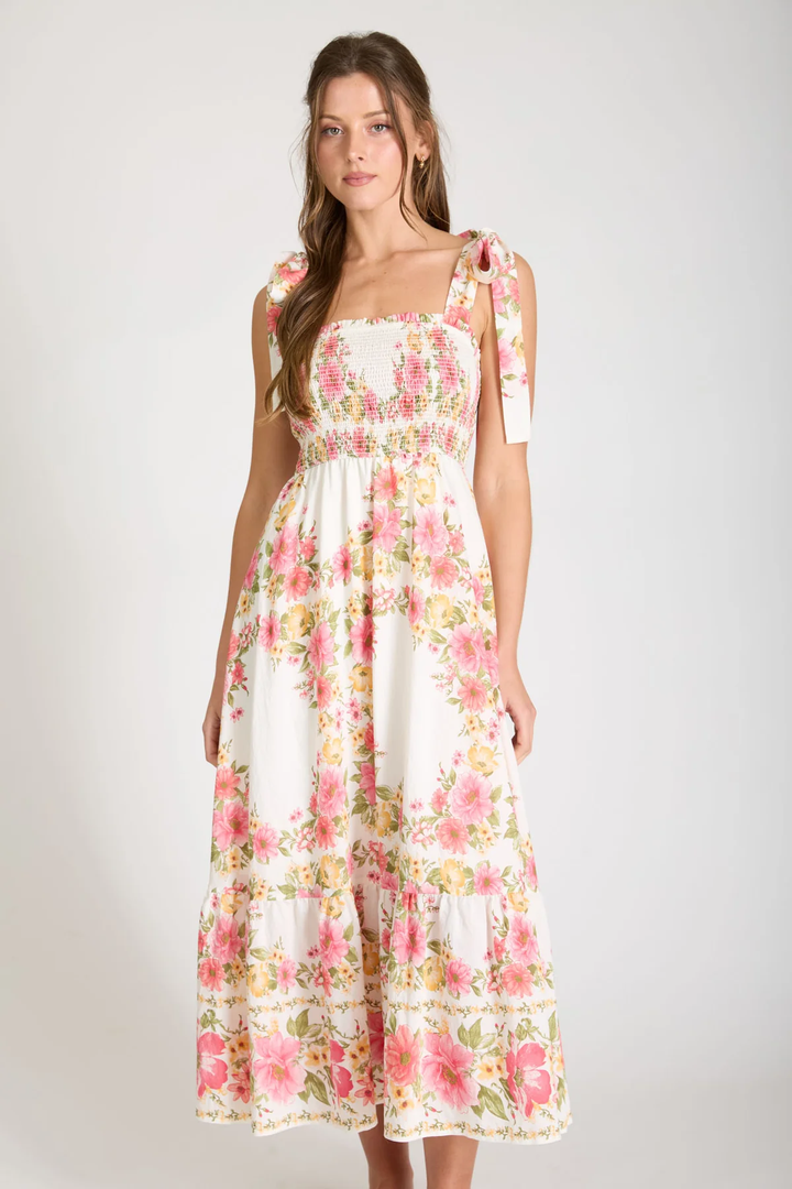 FLORAL SMOCKED BORDER PRINT MIDI DRESS