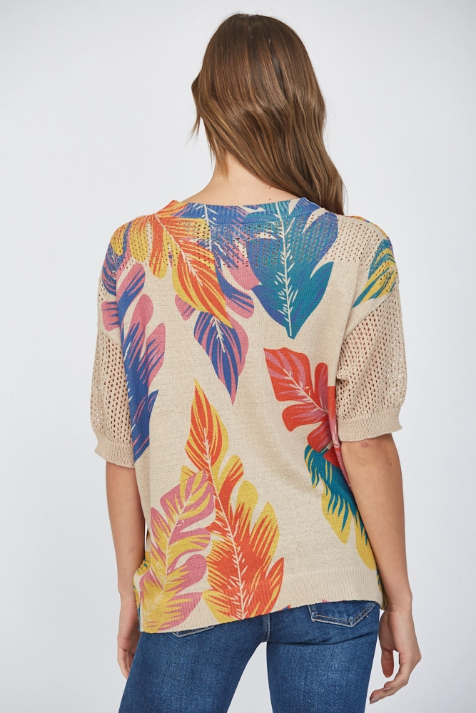 TROPICAL PRINT KNIT SHORT SLEEVE SWEATER