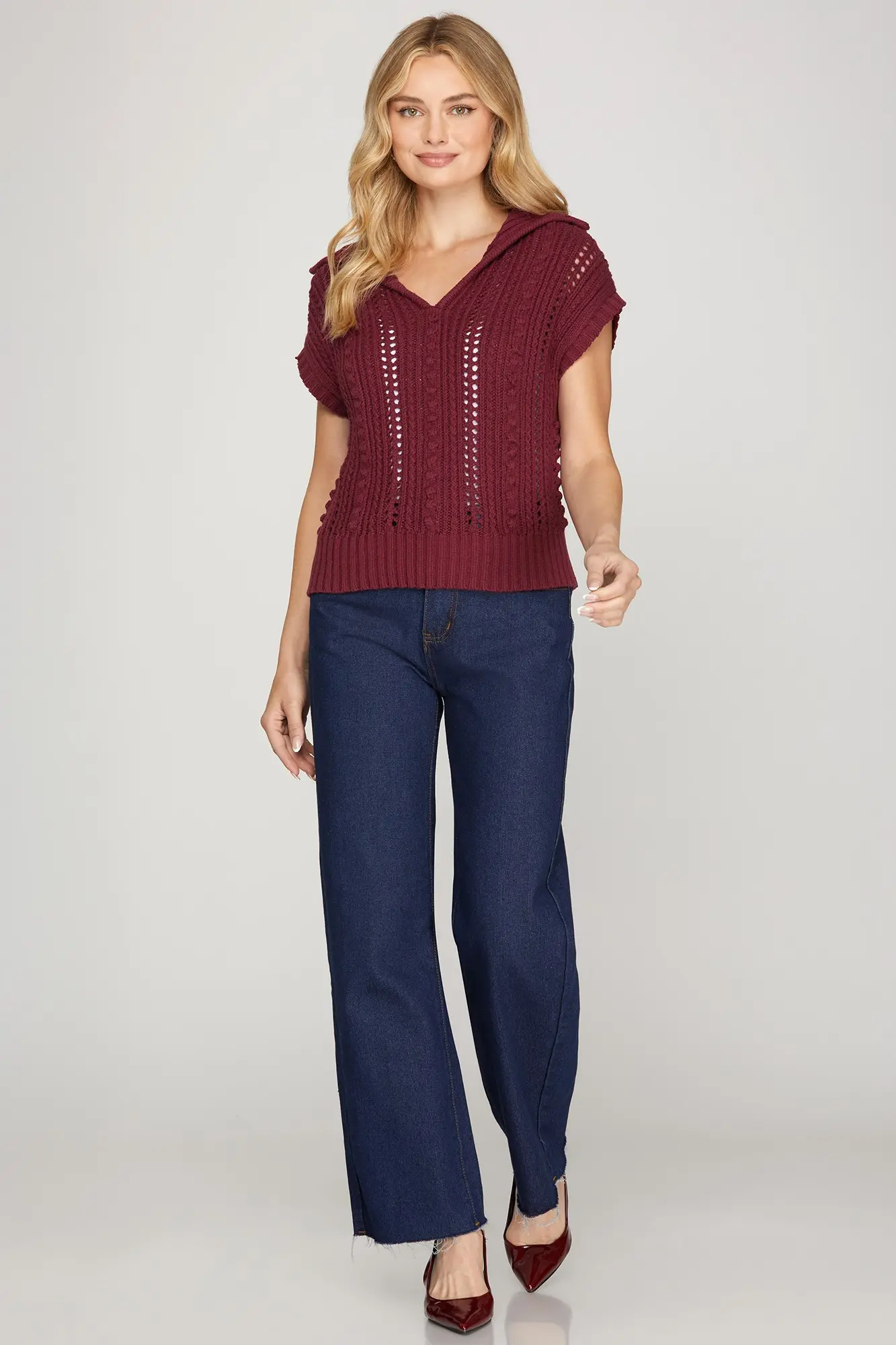 Red short-sleeve collared sweater top back view