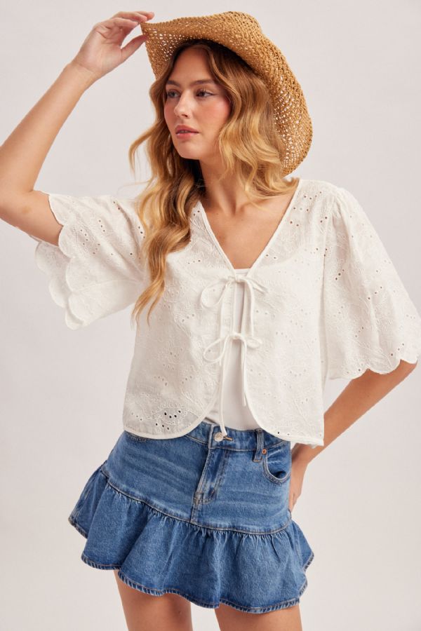 EMBROIDERED RIBBON TIED TOP