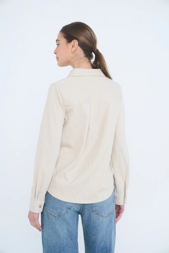 Oatmeal textured button-down top, back yoke and pleat view