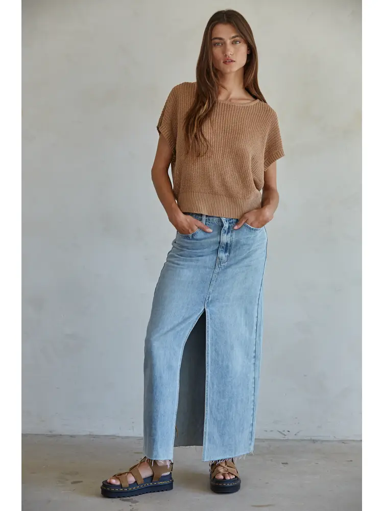 KNIT SHORT SLEEVE OPEN KNIT SWEATER