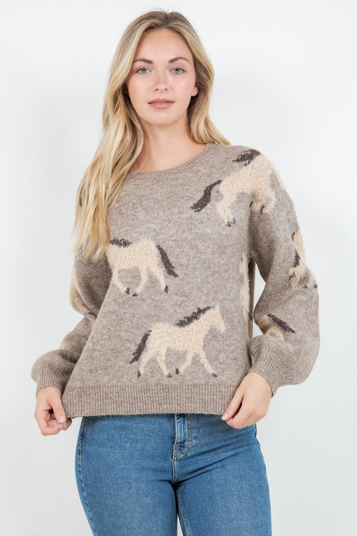 FUZZY HORSE JACQUARD KNIT SWEATER