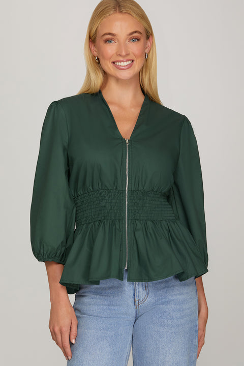 Green smocked zip-front peplum top - product image 1