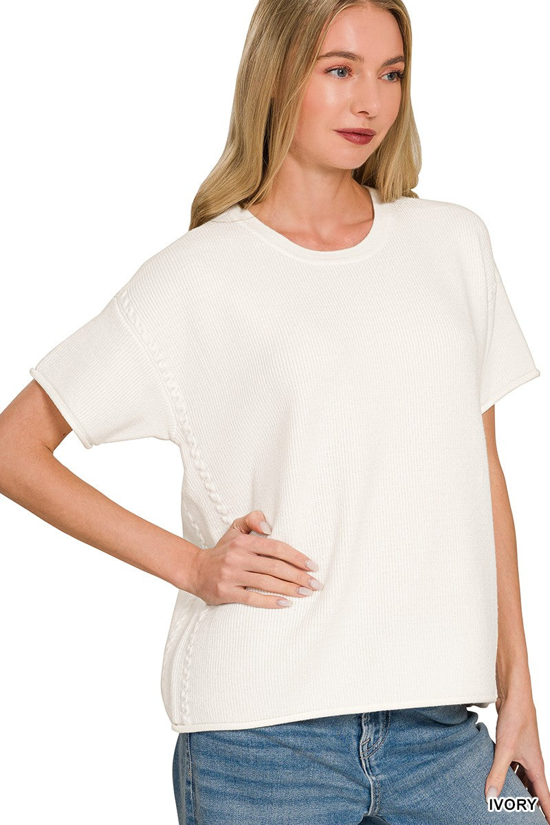 Ivory braid-detail roll-hem short-sleeve sweater