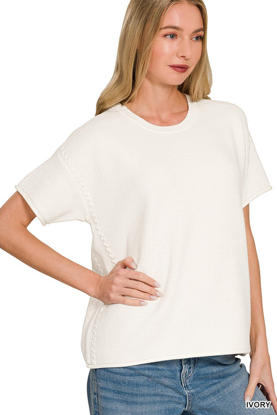 Ivory braid-detail roll-hem short-sleeve sweater