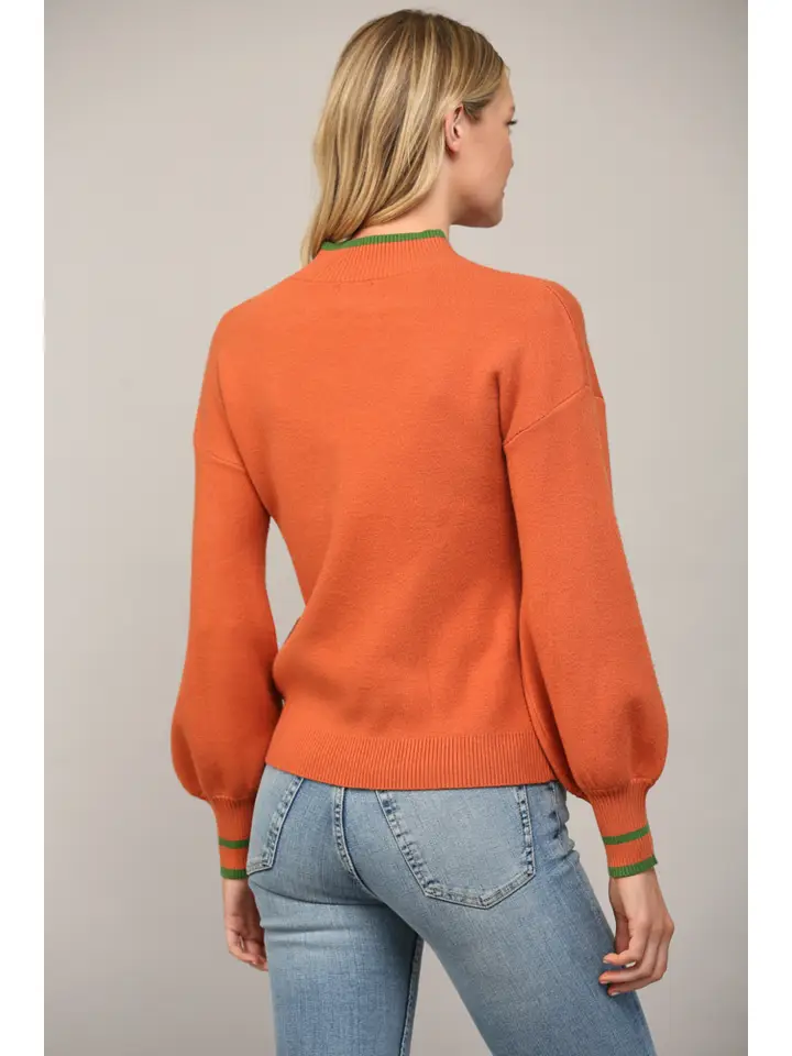 "HELLO PUMPKIN" MOCK NECK BALLOON SLEEVE SWEATER
