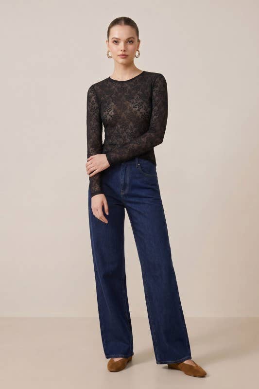 Black / Brown Sheer Lace Long-Sleeve Top - front view