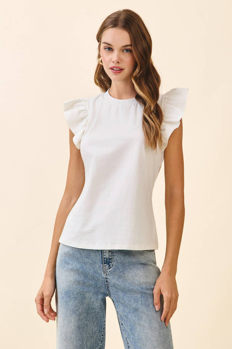 White ruffled flutter-sleeve sleeveless top