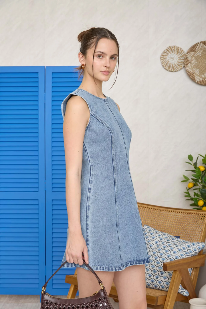 SLEEVELESS DENIM MINI DRESS