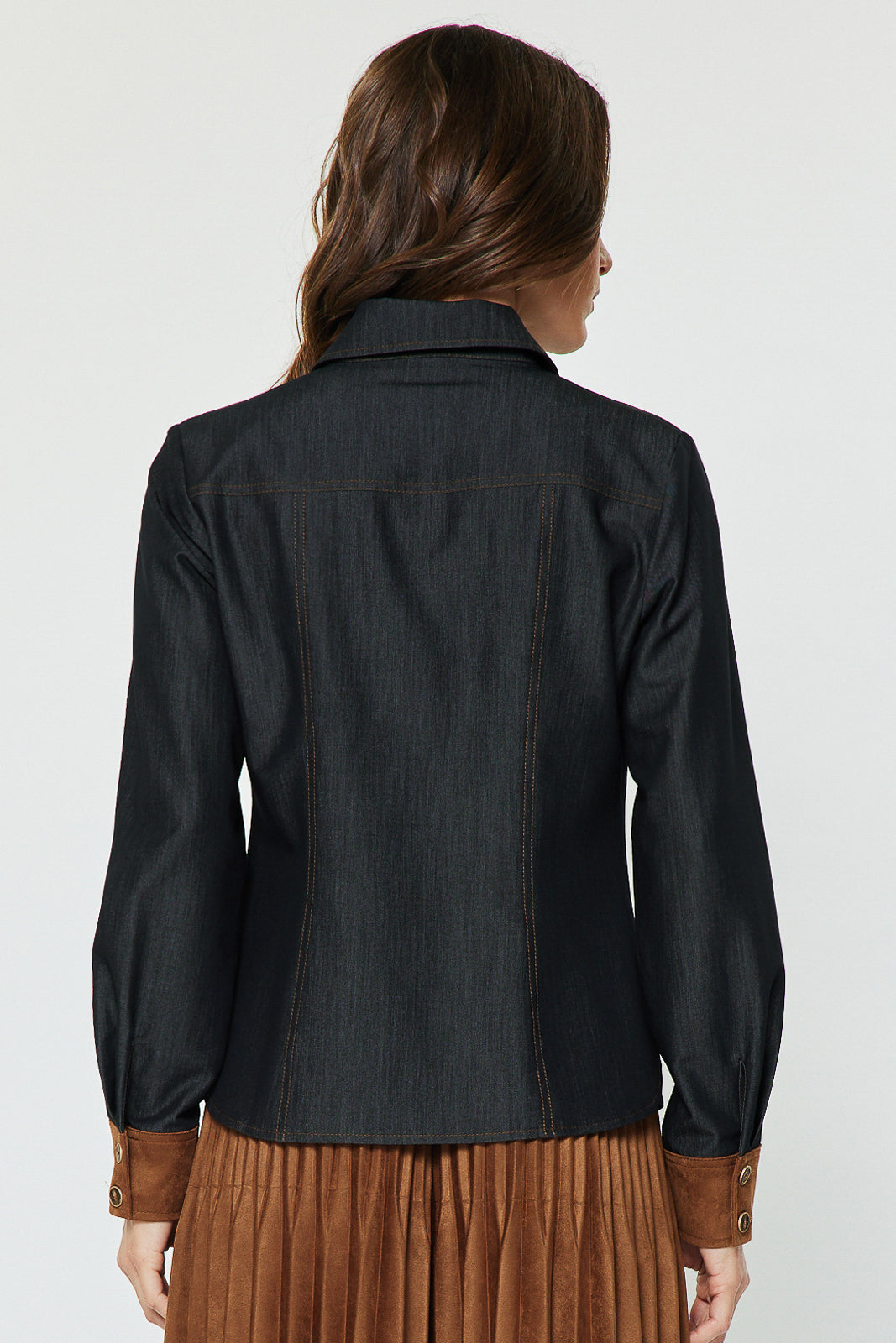 Dark-denim button-front blouse with contrast topstitching, back view