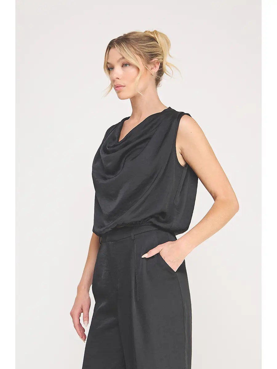 Black satin draped-neck sleeveless top - product image 2
