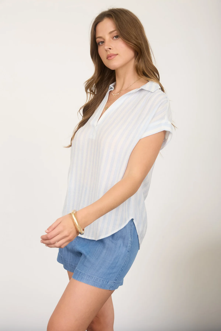 STRIPE COLLARED V NECK SHIRT