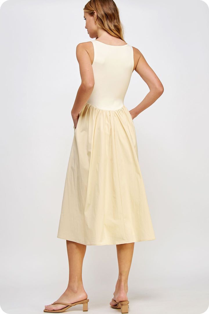 KNIT CONTRAST POPLIN MIDI DRESS