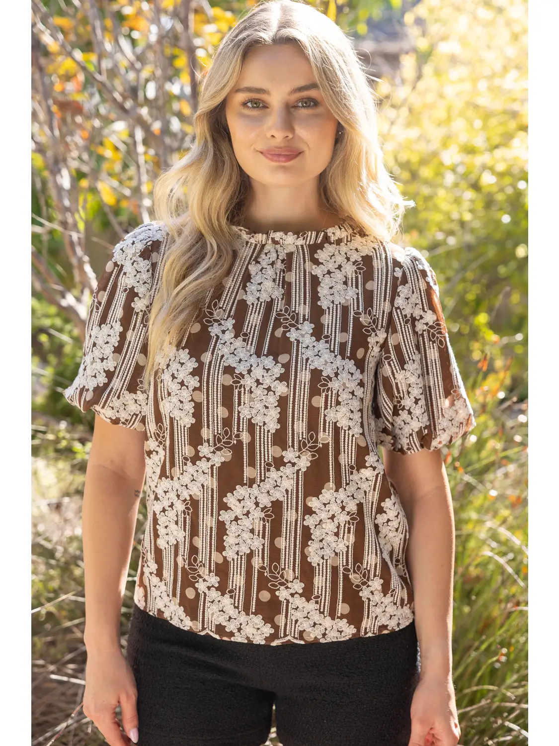 Brown floral polka-dot chiffon top front view