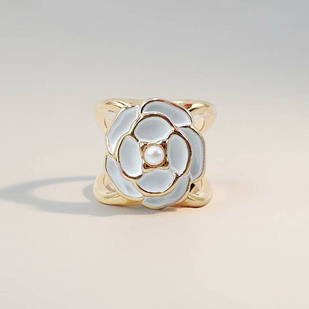 14K Gold Dipped Pearl Center Enamel Flower Scarf Ring