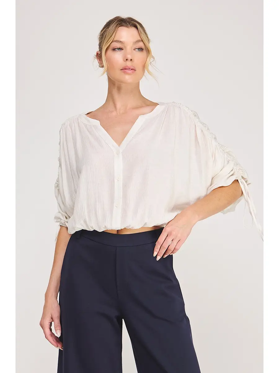 Cream and blue ruffle drawstring-sleeve top - product image 1