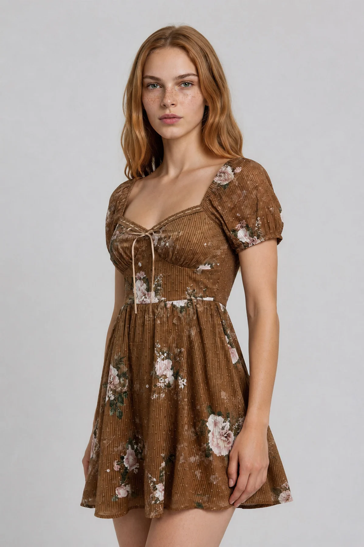 Brown floral mini dress with sweetheart neckline