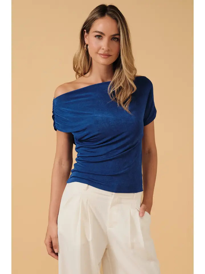 Dark blue one-shoulder asymmetric draped top - front view