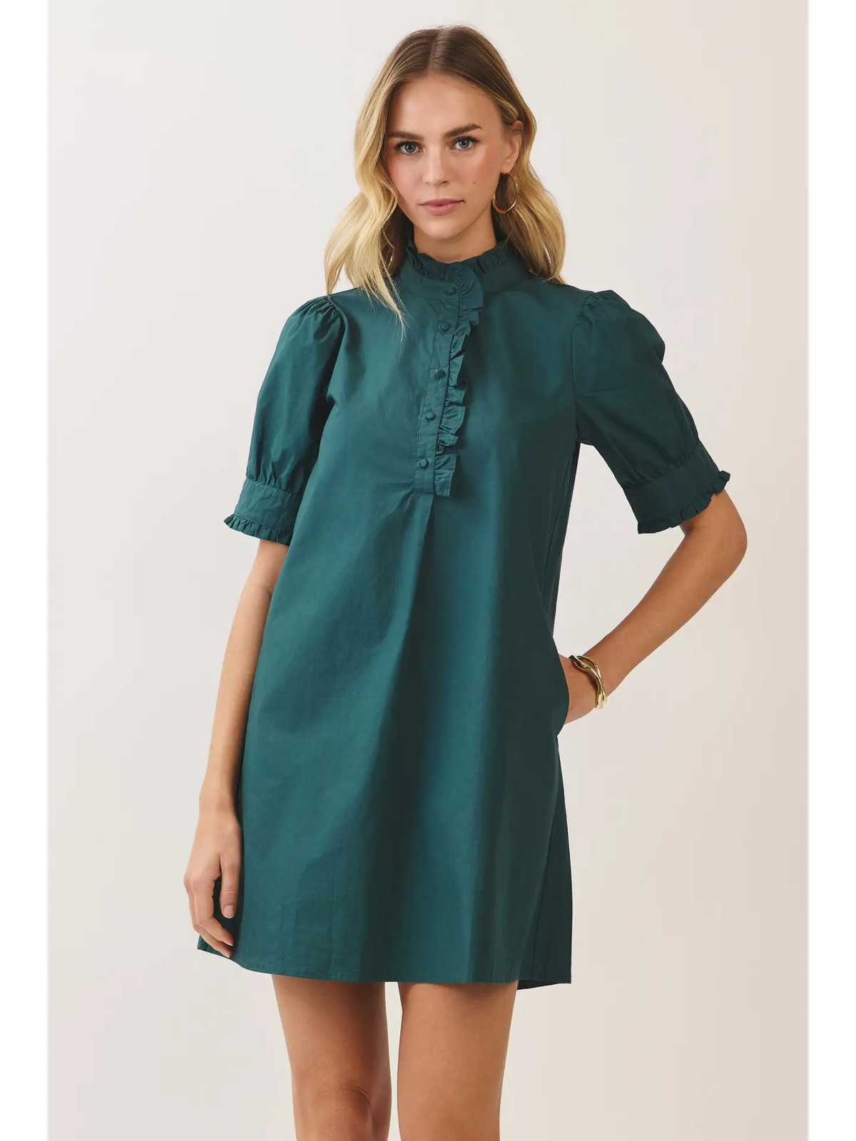Hunter-green ruffle-collar puff-sleeve mini dress - front view