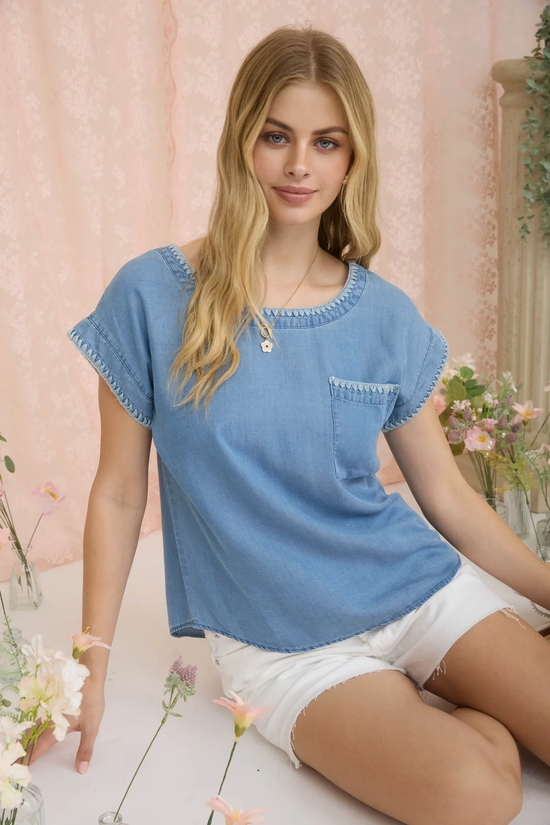 STITCH DETAIL CHAMBRAY TOP