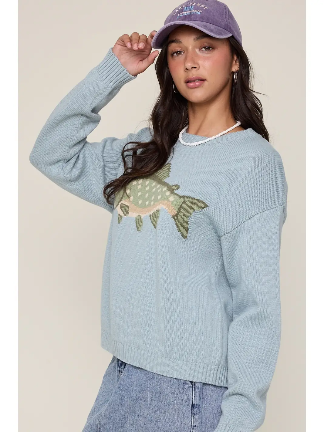 Fish graphic cotton sweater with dropped shoulders, detail view