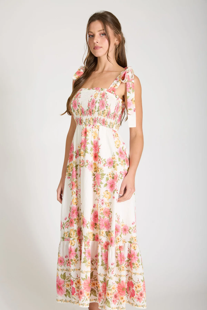 FLORAL SMOCKED BORDER PRINT MIDI DRESS