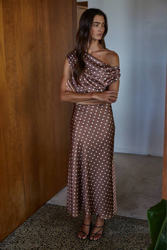 Brown satin polka-dot maxi dress back view