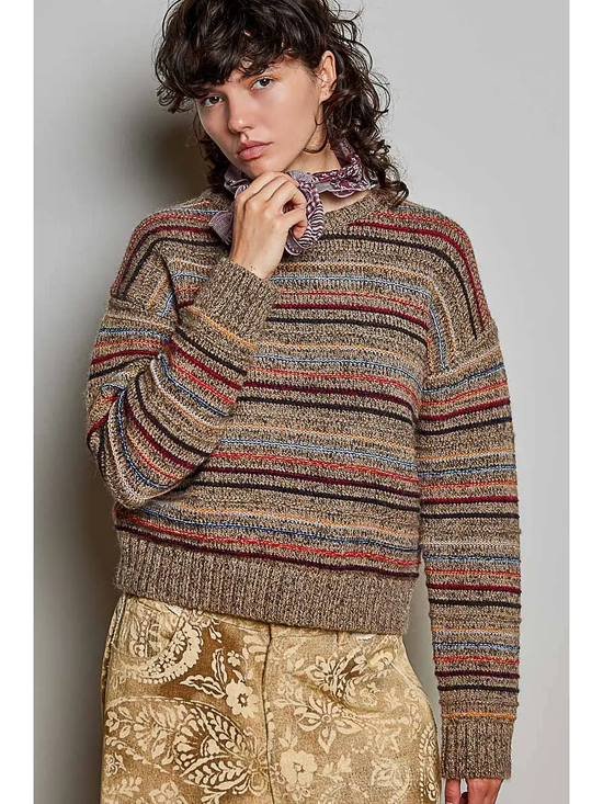 Brown brushed multistripe mock-neck sweater, front view