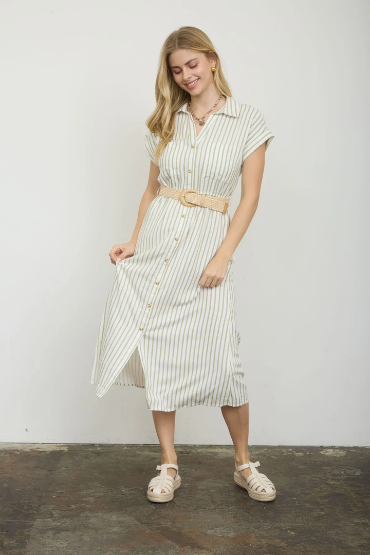 STRIPED BELTED BUTTON UP MIDI
