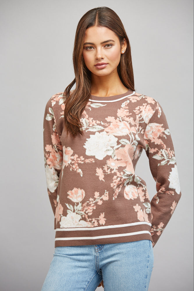 Brown floral jacquard crewneck sweater by Fate