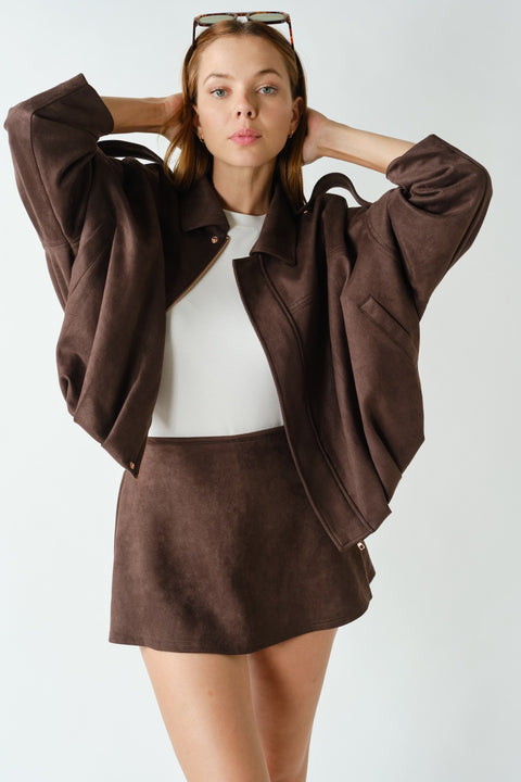 Brown Hudson suede-finish full-zip jacket - front view