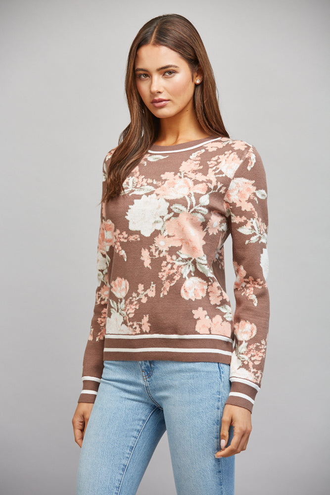 Brown floral jacquard crewneck sweater by Fate