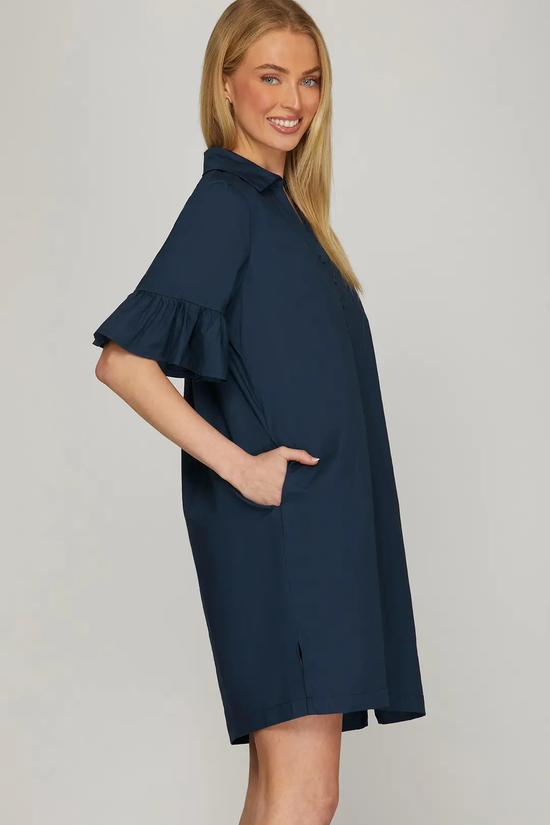 Navy ruffle sleeve mini dress with side pockets