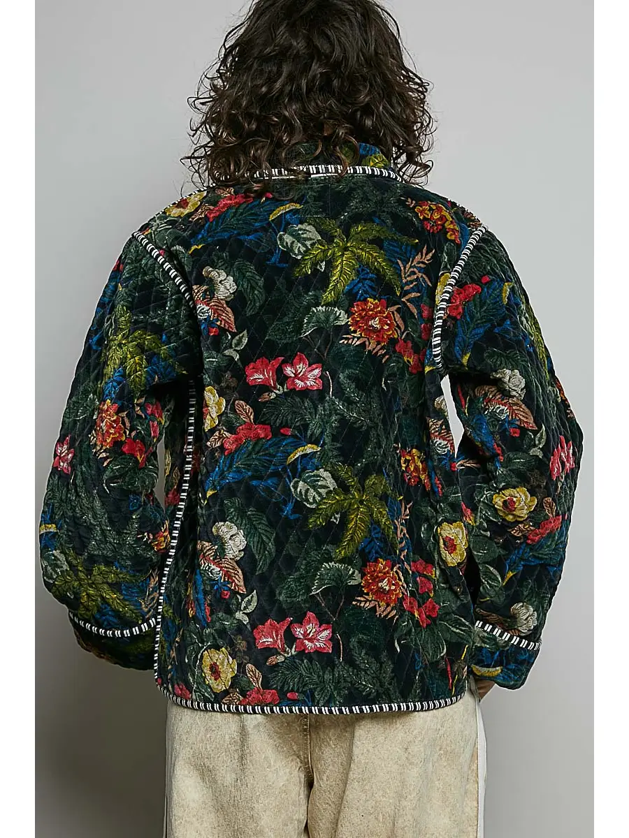 Black floral quilted jacket showing the back pattern