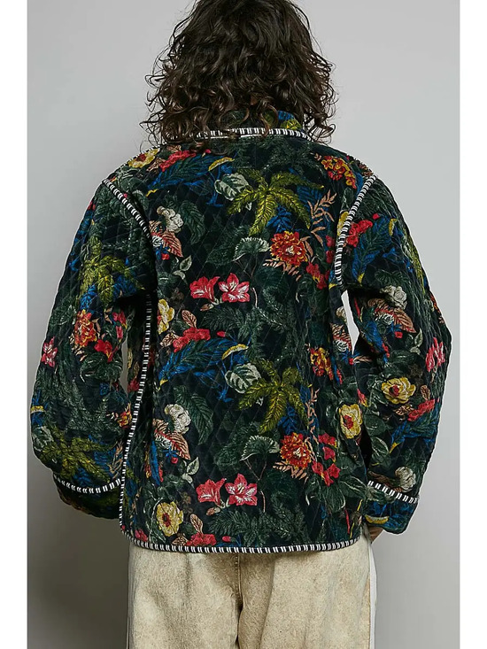 Black floral quilted jacket showing the back pattern
