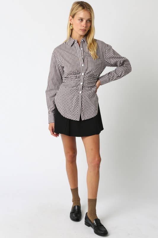 Gingham Ruched Button-Front Top