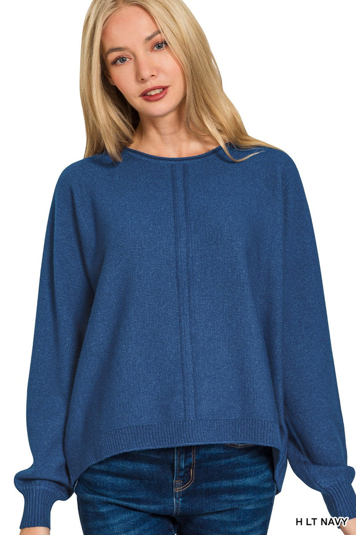 Model wearing front-seam round-neck sweater