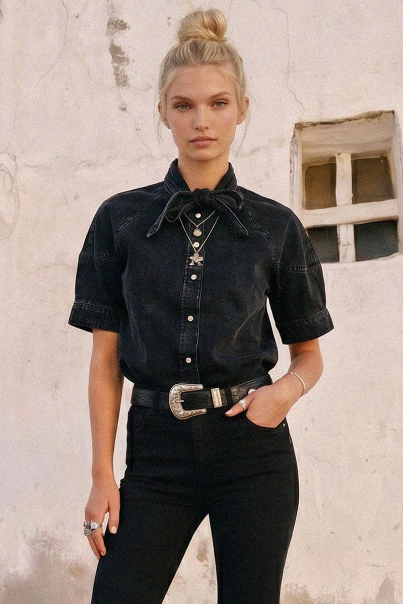 Black denim tie-neck short-sleeve button-up top